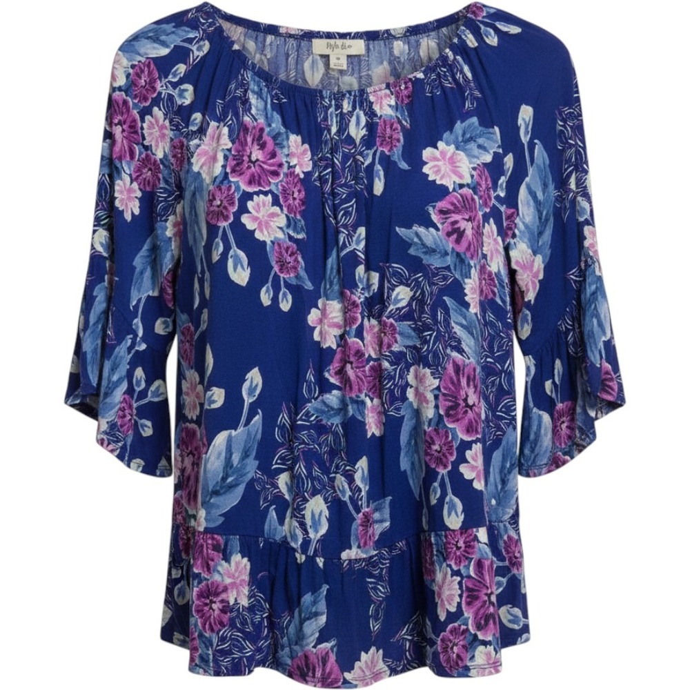 Style & Co Womens 0X Purple Blue Floral Bell Sleeve Tiered Peplum Knit Top